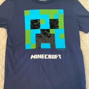 MOJANG Mindcraft sequin creeper navy shirt.